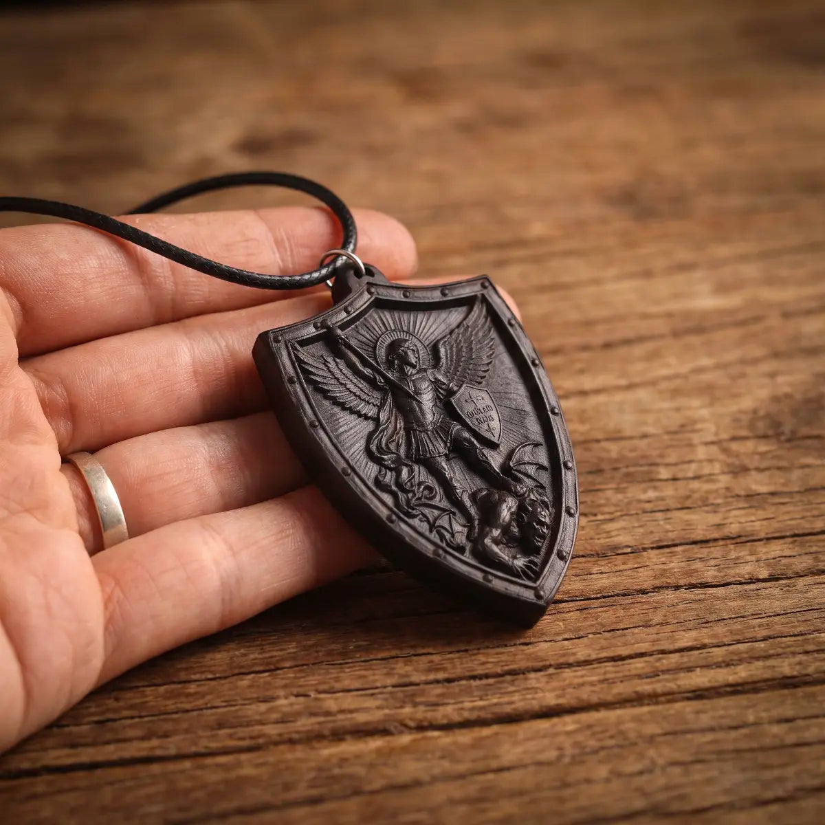 Personalized St Michael Shield Necklace – Handcrafted Ebony Wood Archangel Michael Pendant