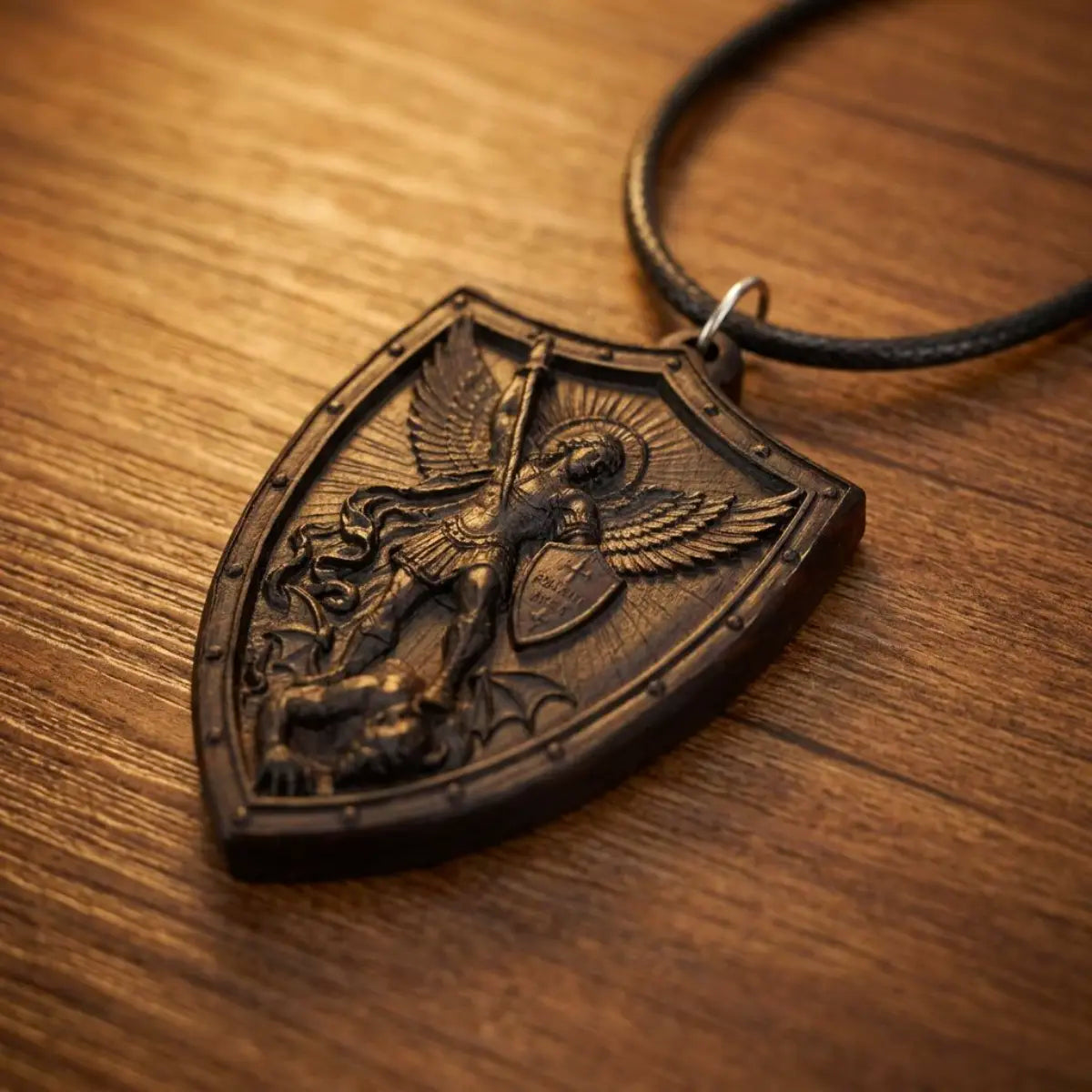 Personalized St Michael Shield Necklace – Handcrafted Ebony Wood Archangel Michael Pendant