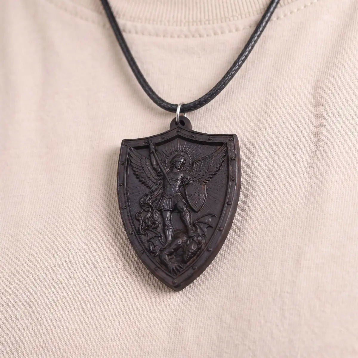 Personalized St Michael Shield Necklace – Handcrafted Ebony Wood Archangel Michael Pendant