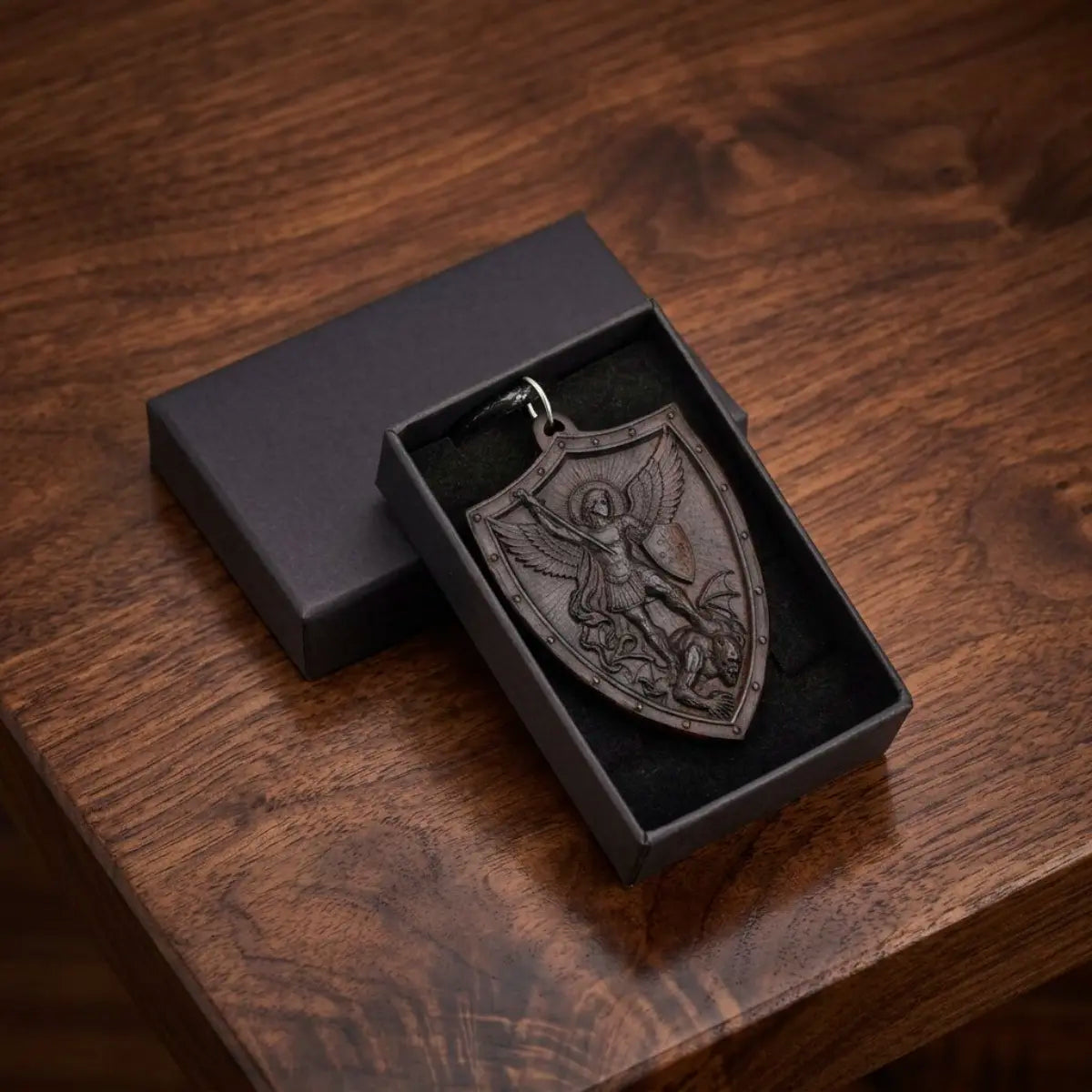 Personalized St Michael Shield Necklace – Handcrafted Ebony Wood Archangel Michael Pendant