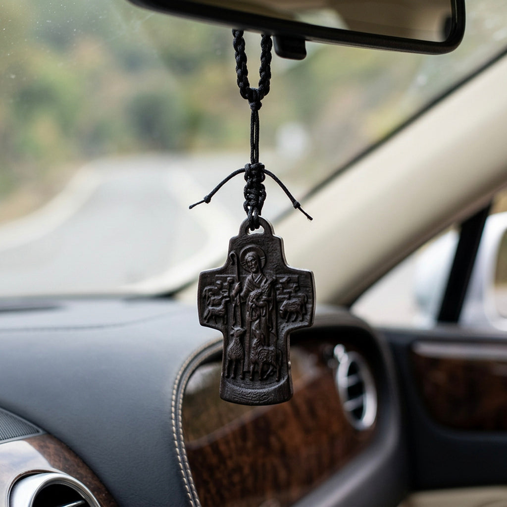 Handcrafted Ebony Wood The Good Shepherd Cross Pendant Necklace