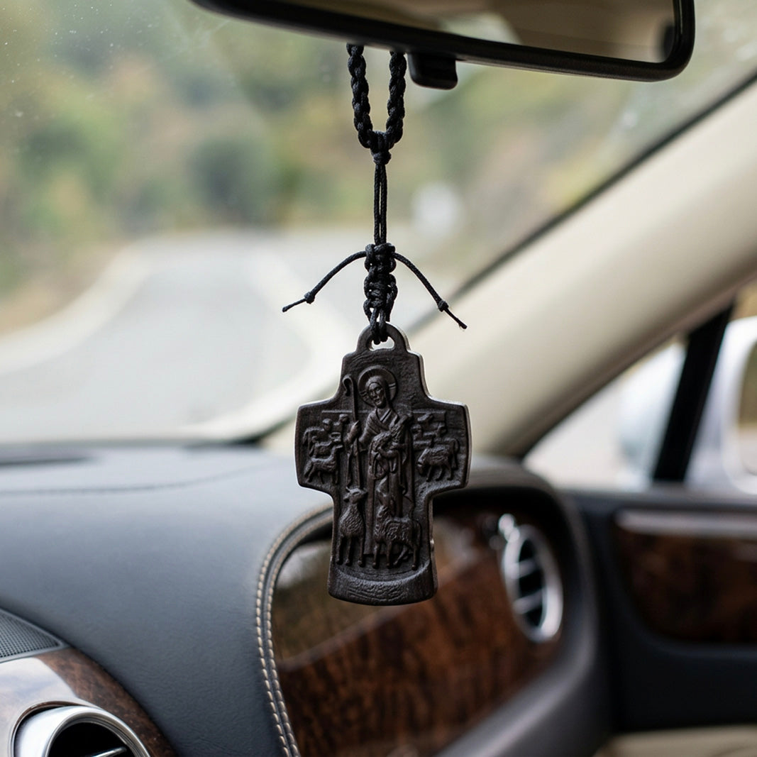 Handcrafted Ebony Wood The Good Shepherd Cross Pendant Necklace