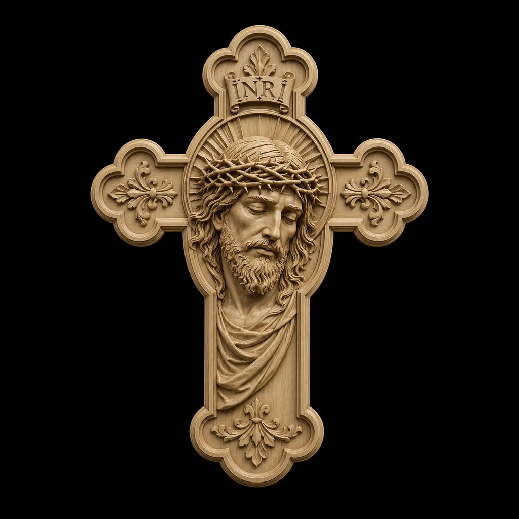 Jesus Face Cross 3D STL Model - Ornate Relief File for CNC Router & 3D Printing