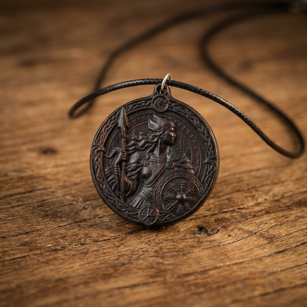 Valkyrie Shieldmaiden Pendant Necklace – Handcrafted Reclaimed Ebony Wood Norse Jewelry