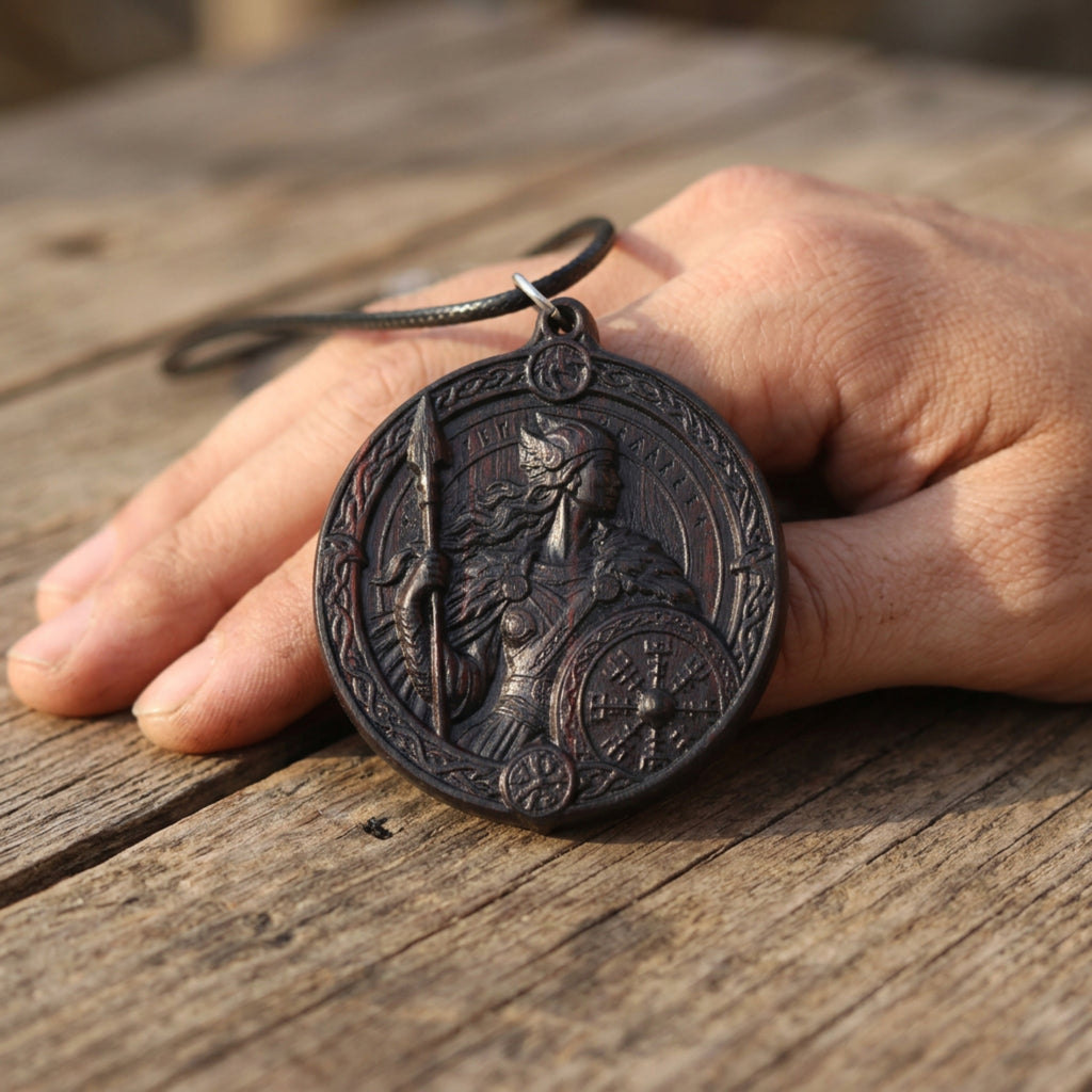 Valkyrie Shieldmaiden Pendant Necklace – Handcrafted Reclaimed Ebony Wood Norse Jewelry