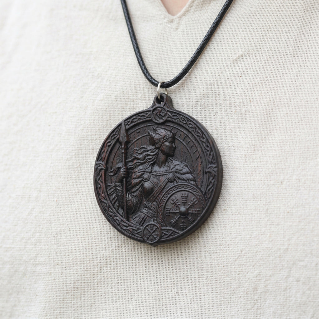Valkyrie Shieldmaiden Pendant Necklace – Handcrafted Reclaimed Ebony Wood Norse Jewelry