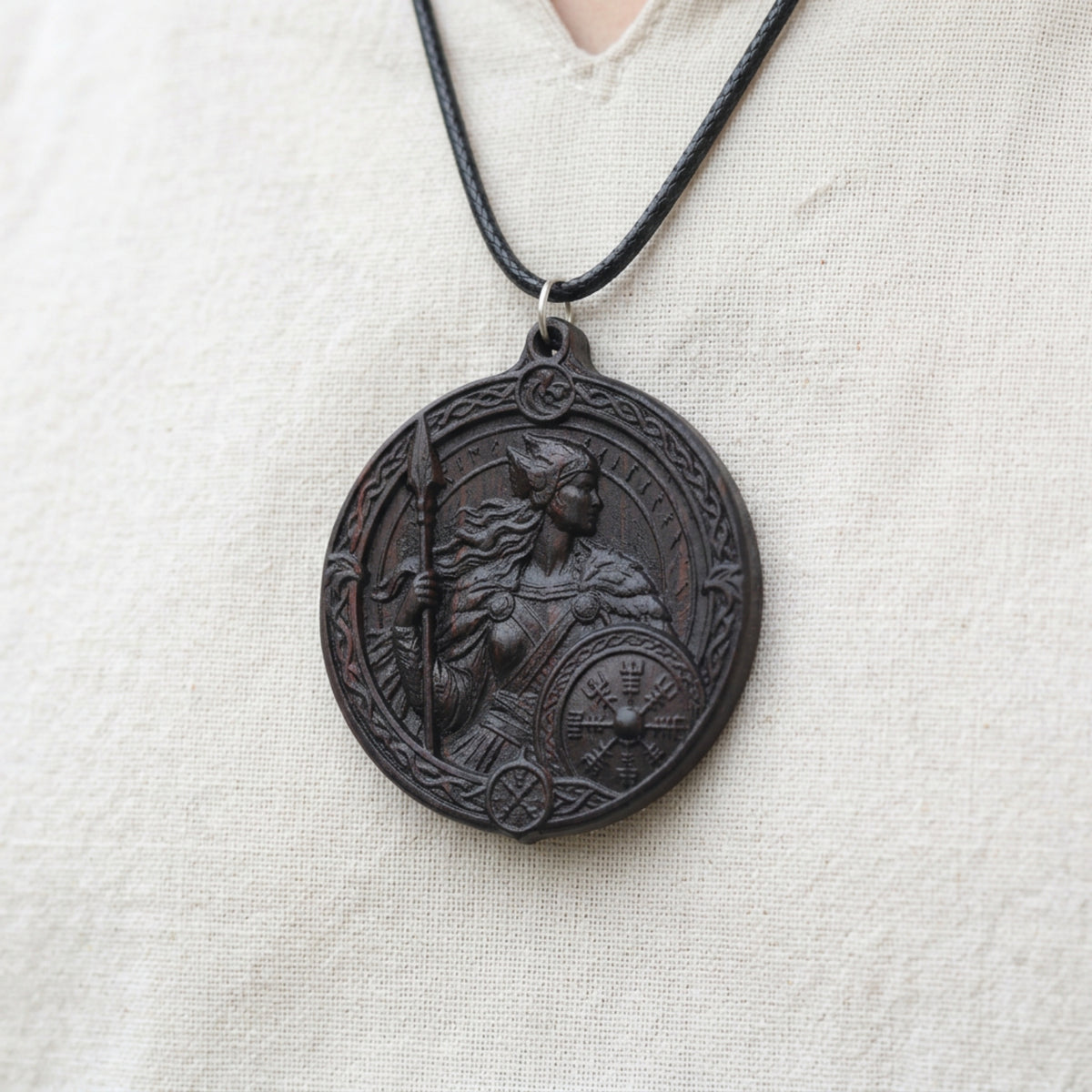 Valkyrie Shieldmaiden Pendant Necklace – Handcrafted Reclaimed Ebony Wood Norse Jewelry