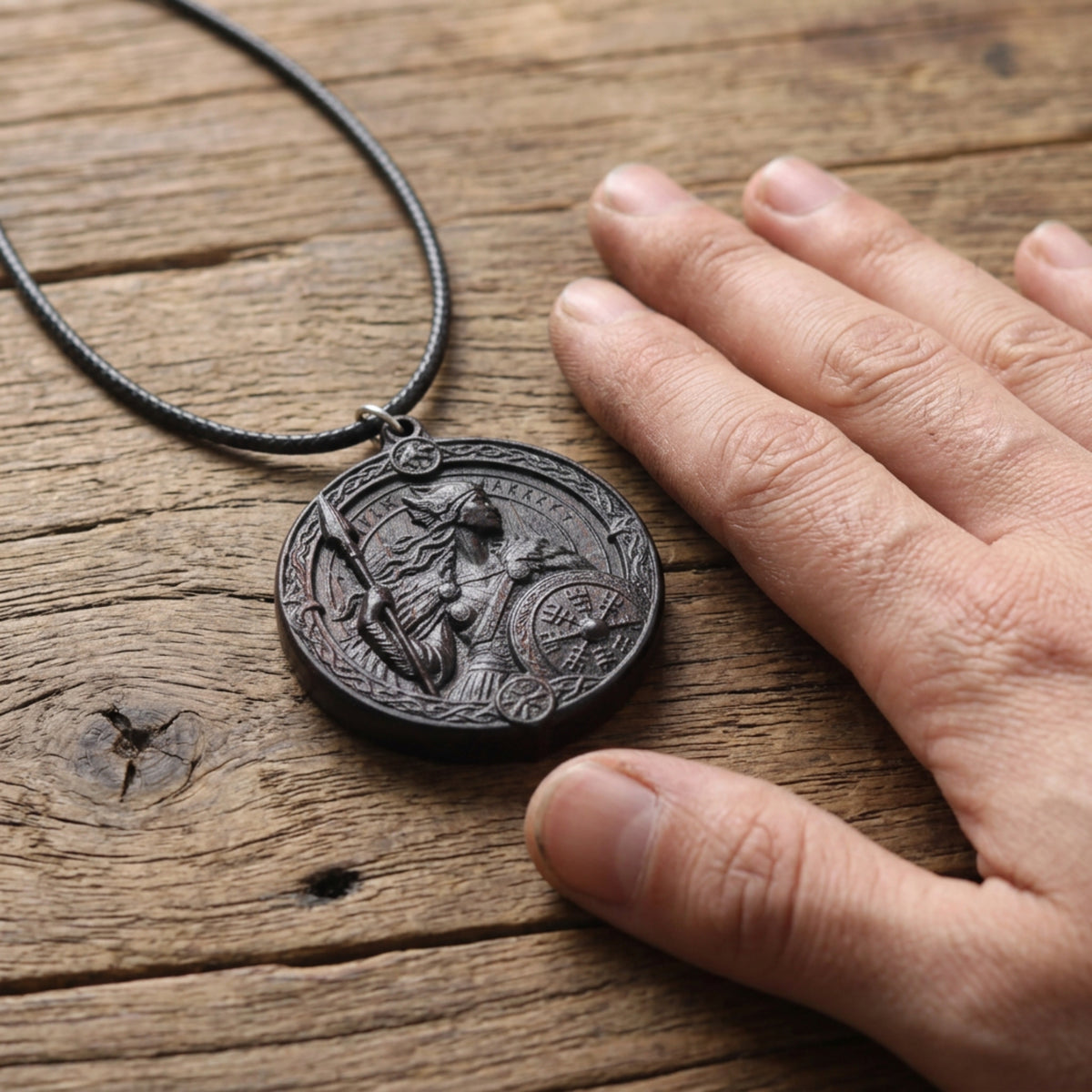 Valkyrie Shieldmaiden Pendant Necklace – Handcrafted Reclaimed Ebony Wood Norse Jewelry