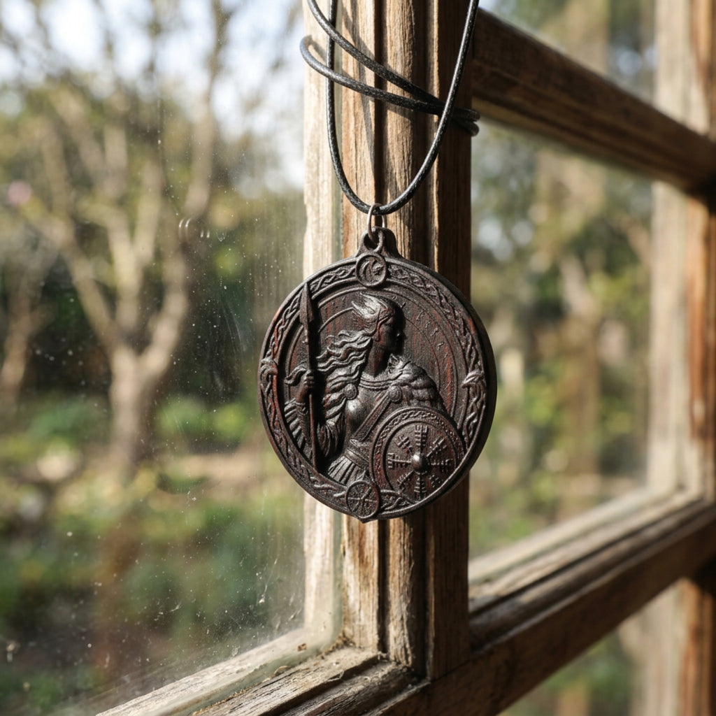Valkyrie Shieldmaiden Pendant Necklace – Handcrafted Reclaimed Ebony Wood Norse Jewelry