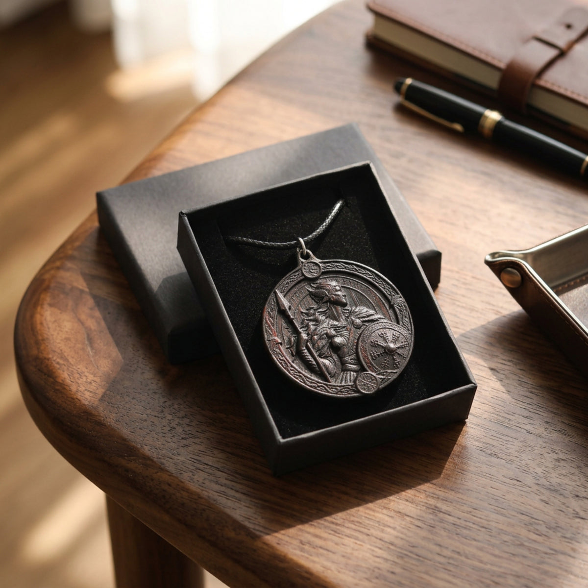 Valkyrie Shieldmaiden Pendant Necklace – Handcrafted Reclaimed Ebony Wood Norse Jewelry