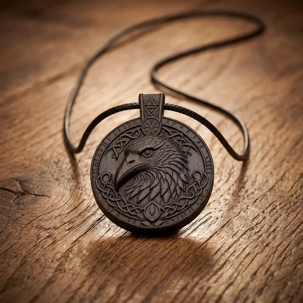 Viking Raven Pendant Necklace – Handcrafted Reclaimed Ebony Wood Norse Amulet