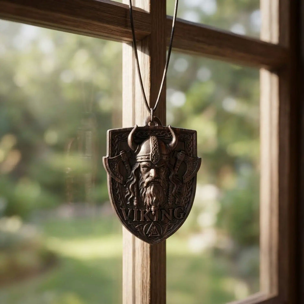 Viking Shield Pendant Necklace – Handcrafted Reclaimed Ebony Wood Norse Warrior Amulet