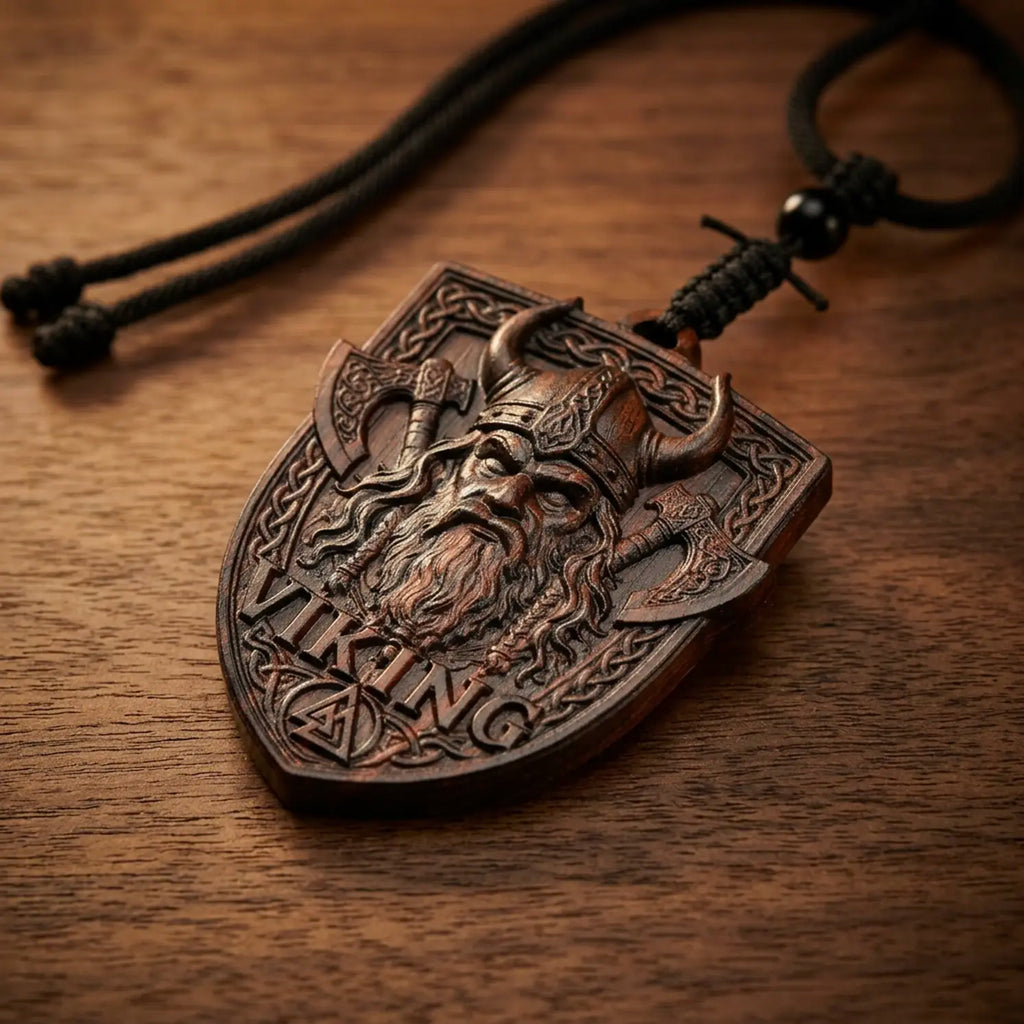 Viking Shield Pendant Necklace – Handcrafted Reclaimed Ebony Wood Norse Warrior Amulet