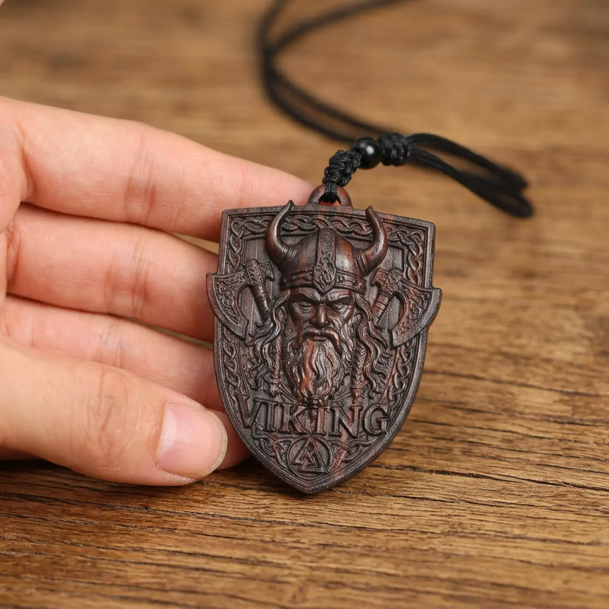 Viking Shield Pendant Necklace – Handcrafted Reclaimed Ebony Wood Norse Warrior Amulet
