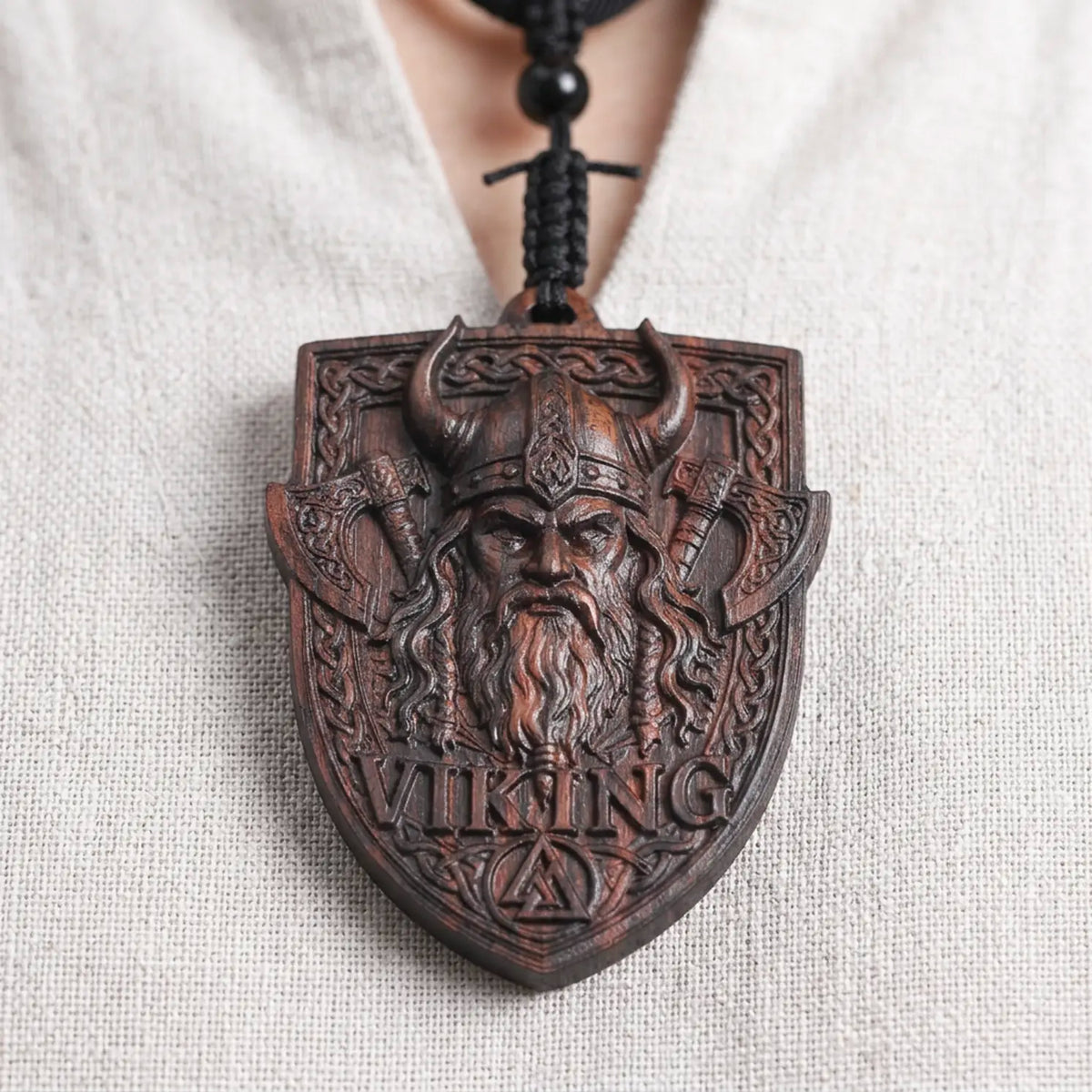 Viking Shield Pendant Necklace – Handcrafted Reclaimed Ebony Wood Norse Warrior Amulet