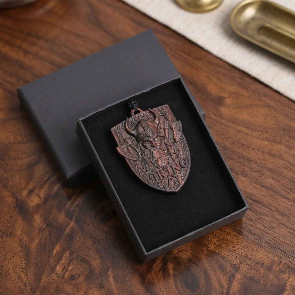 Viking Shield Pendant Necklace – Handcrafted Reclaimed Ebony Wood Norse Warrior Amulet