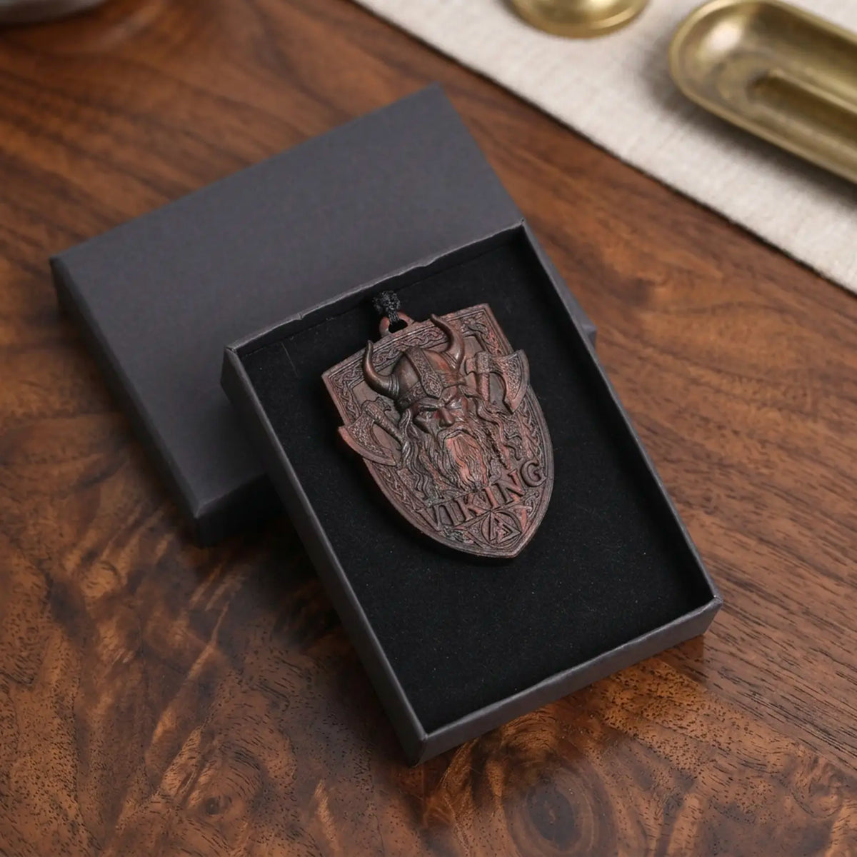 Viking Shield Pendant Necklace – Handcrafted Reclaimed Ebony Wood Norse Warrior Amulet