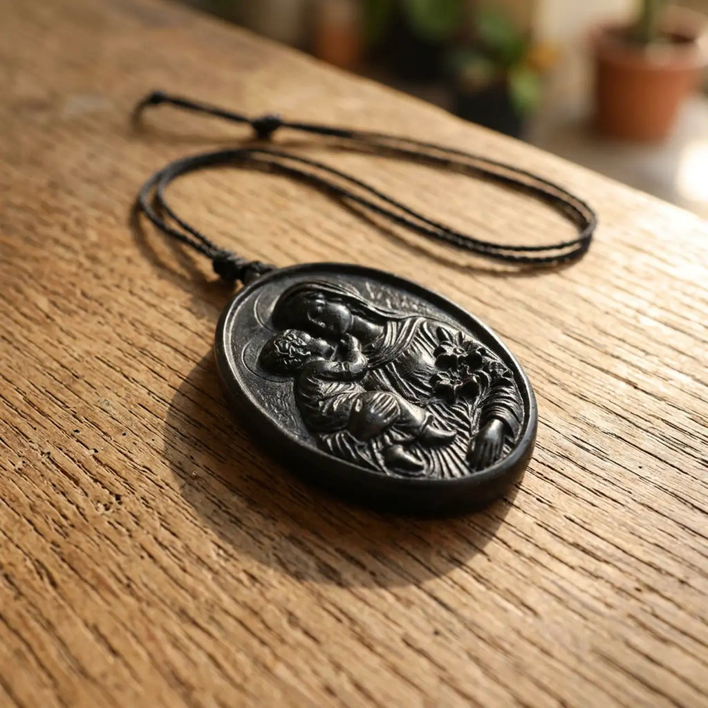 Personalized Virgin Mary and Baby Jesus Pendant Necklace – Handcrafted Ebony Wood Catholic Necklace