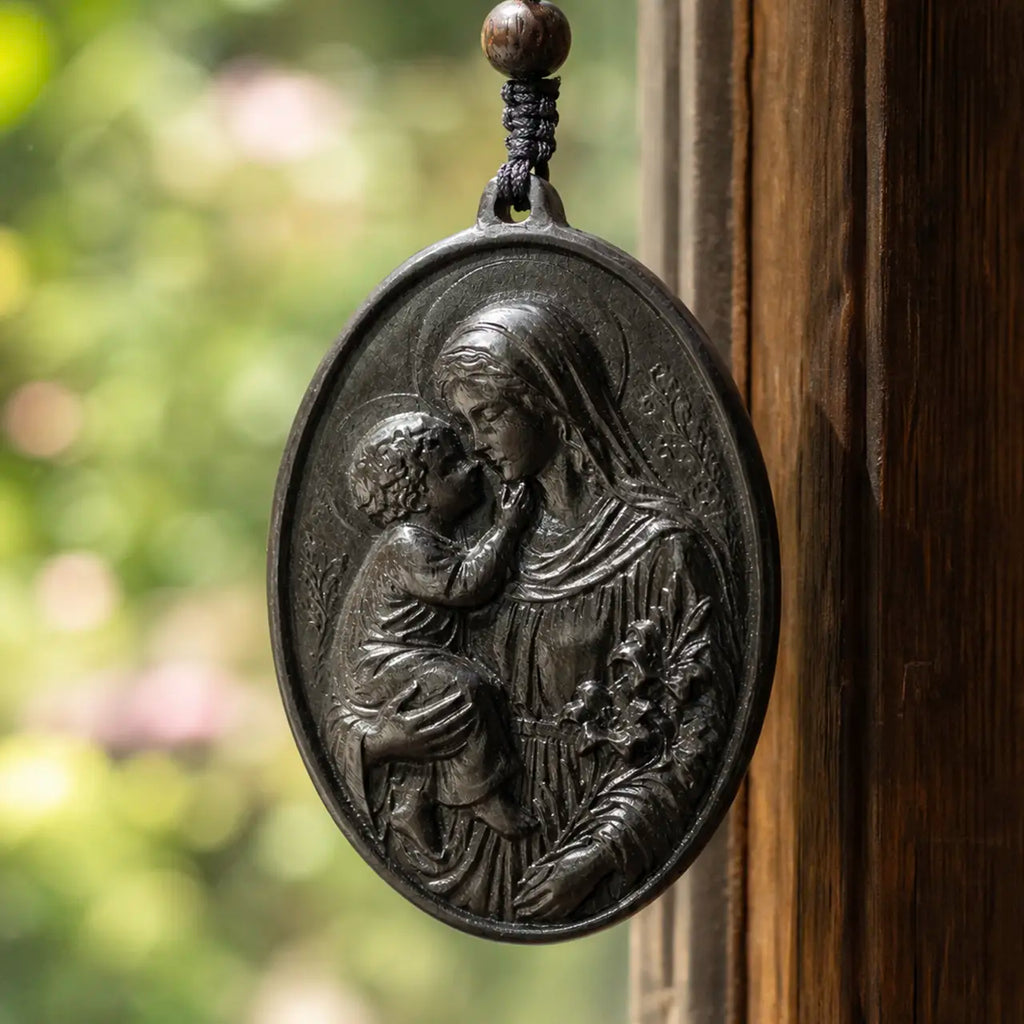 Personalized Virgin Mary and Baby Jesus Pendant Necklace – Handcrafted Ebony Wood Catholic Necklace