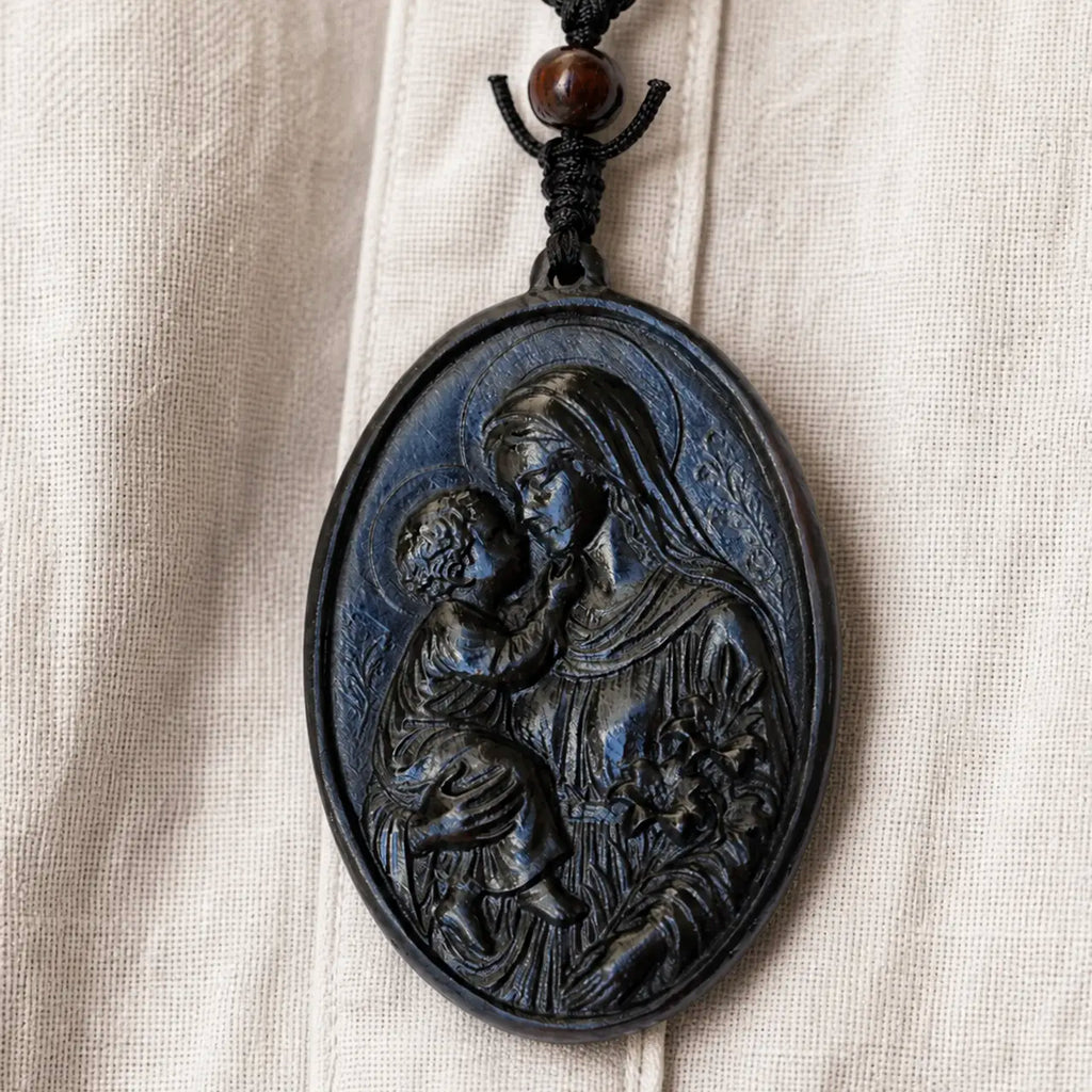 Personalized Virgin Mary and Baby Jesus Pendant Necklace – Handcrafted Ebony Wood Catholic Necklace