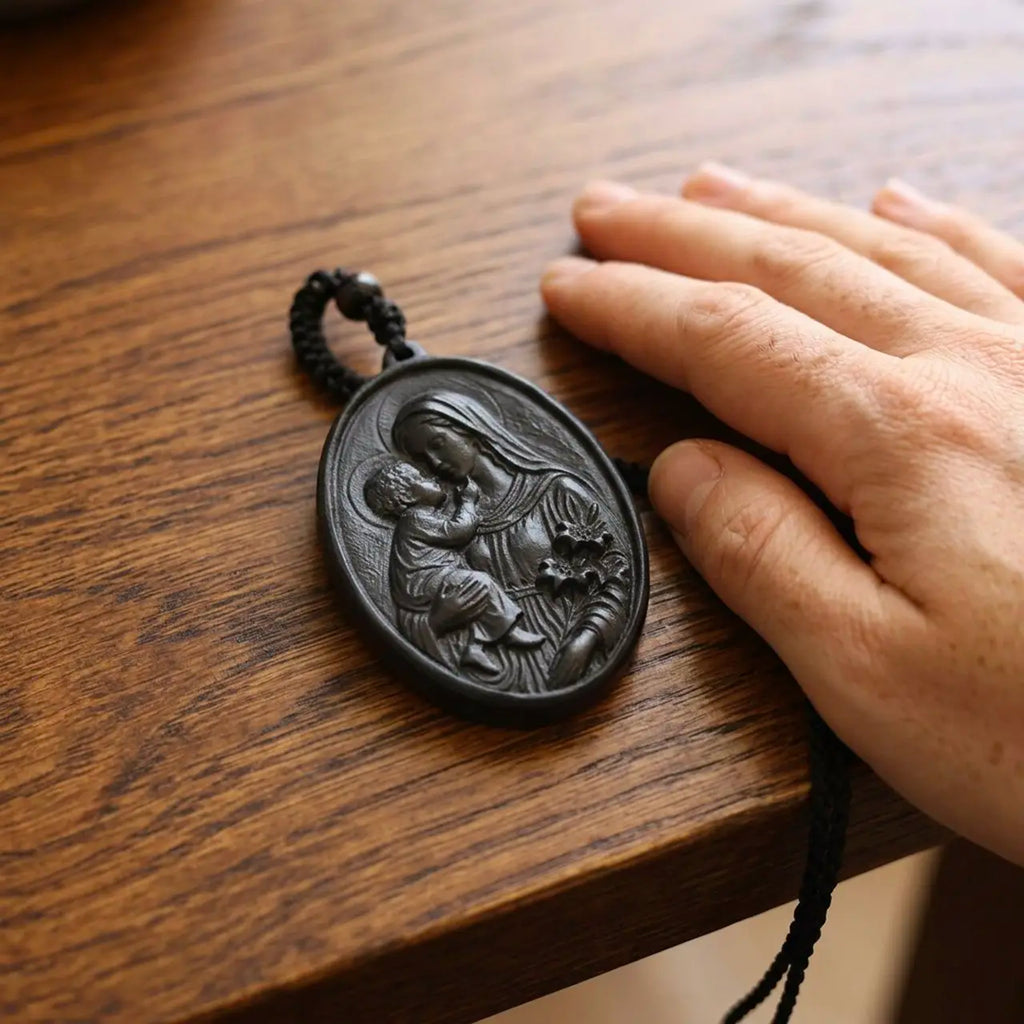 Personalized Virgin Mary and Baby Jesus Pendant Necklace – Handcrafted Ebony Wood Catholic Necklace