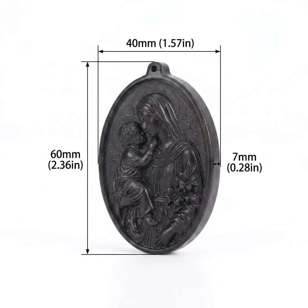 Personalized Virgin Mary and Baby Jesus Pendant Necklace – Handcrafted Ebony Wood Catholic Necklace