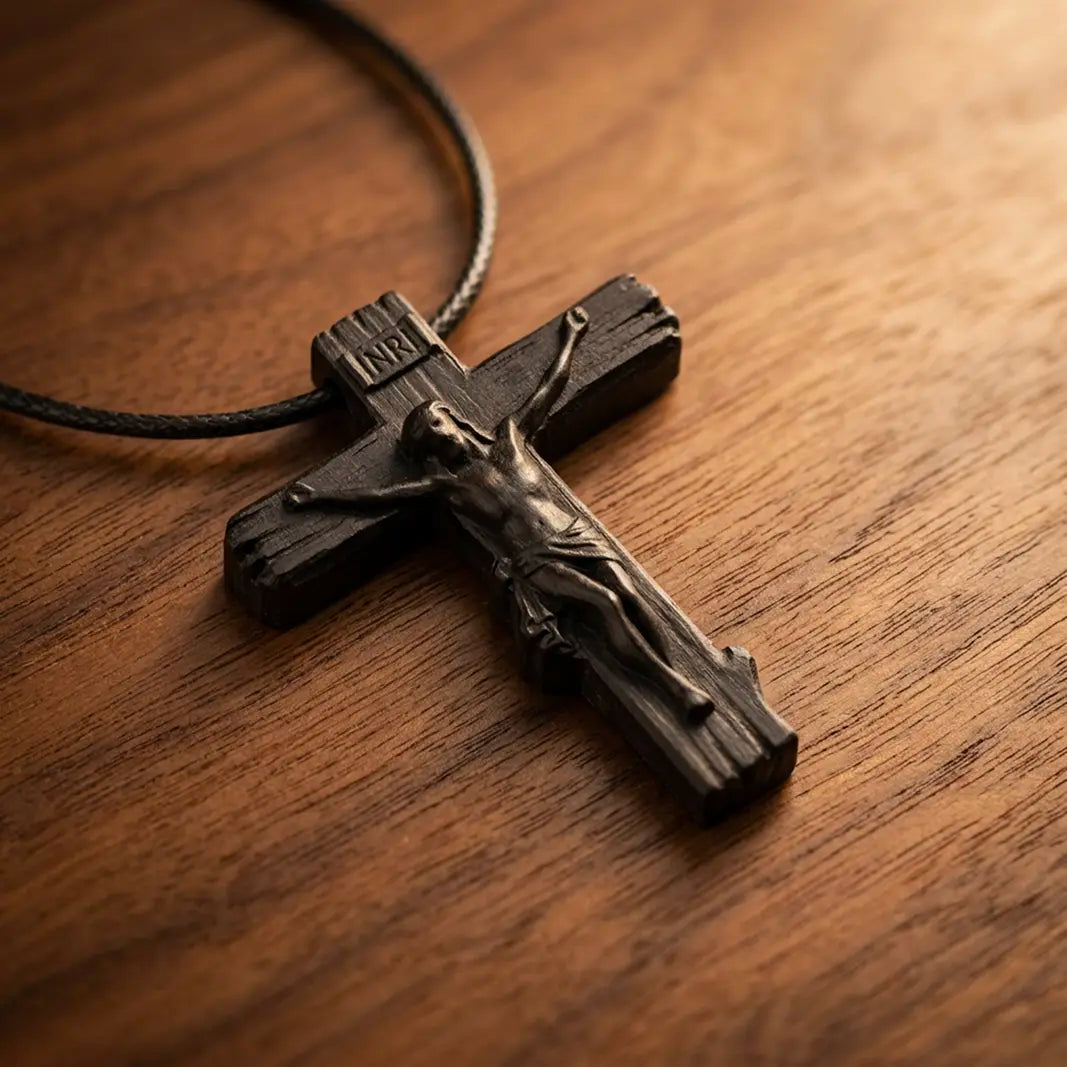 Wood Crucifix Cross Pendant Necklace – Handmade Ebony Wood Catholic Cross, Personalized Christian Necklace