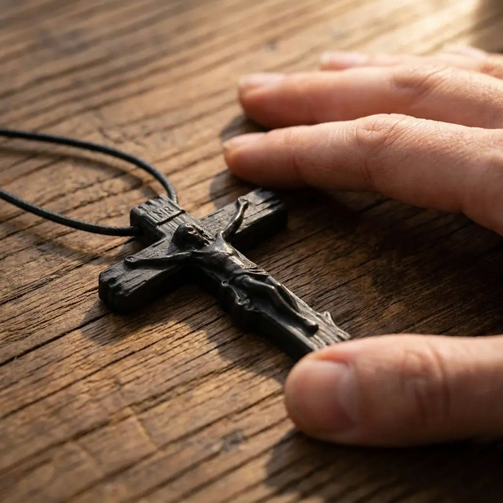 Wood Crucifix Cross Pendant Necklace – Handmade Ebony Wood Catholic Cross, Personalized Christian Necklace