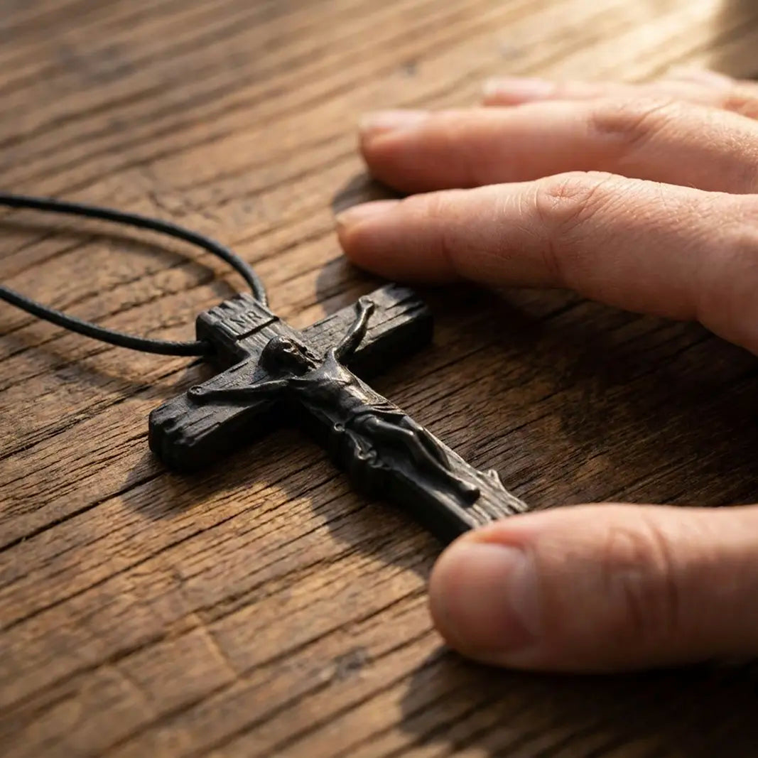 Wood Crucifix Cross Pendant Necklace – Handmade Ebony Wood Catholic Cross, Personalized Christian Necklace