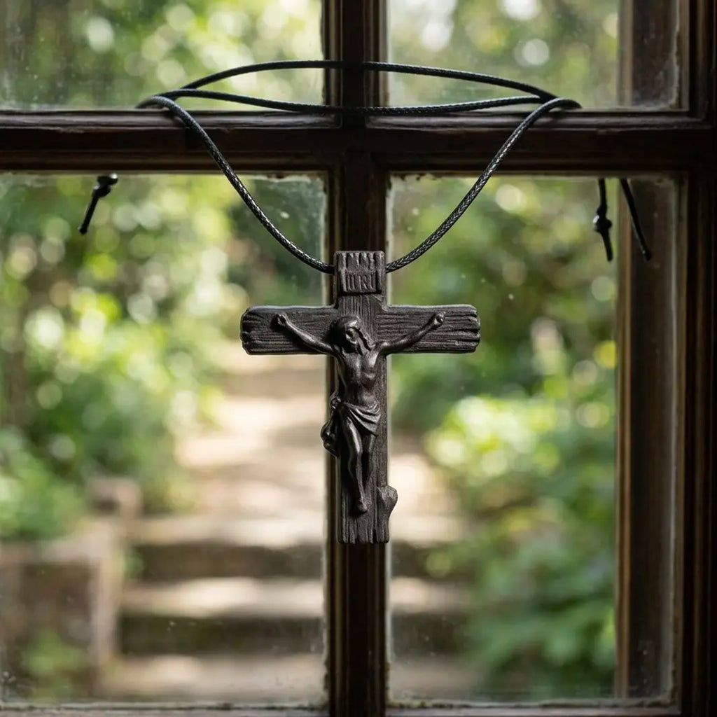 Wood Crucifix Cross Pendant Necklace – Handmade Ebony Wood Catholic Cross, Personalized Christian Necklace