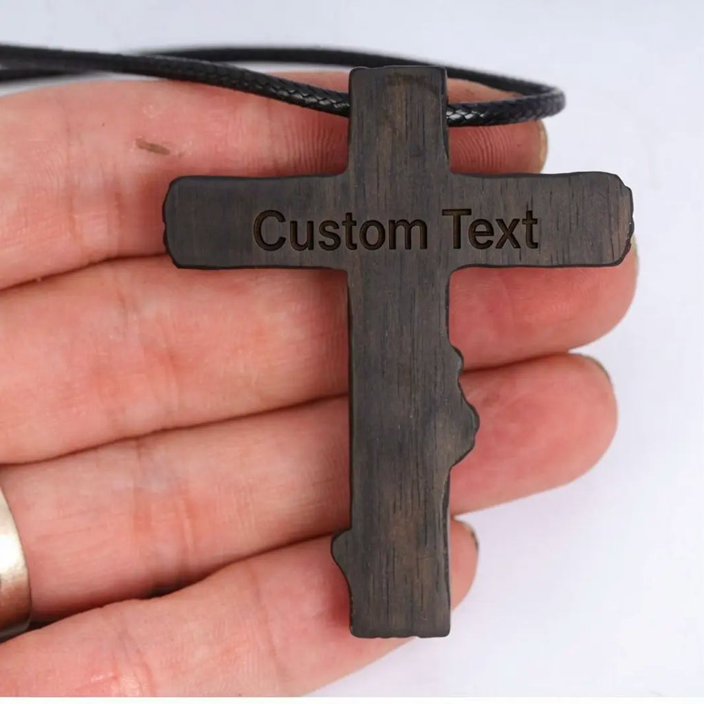 Wood Crucifix Cross Pendant Necklace – Handmade Ebony Wood Catholic Cross, Personalized Christian Necklace