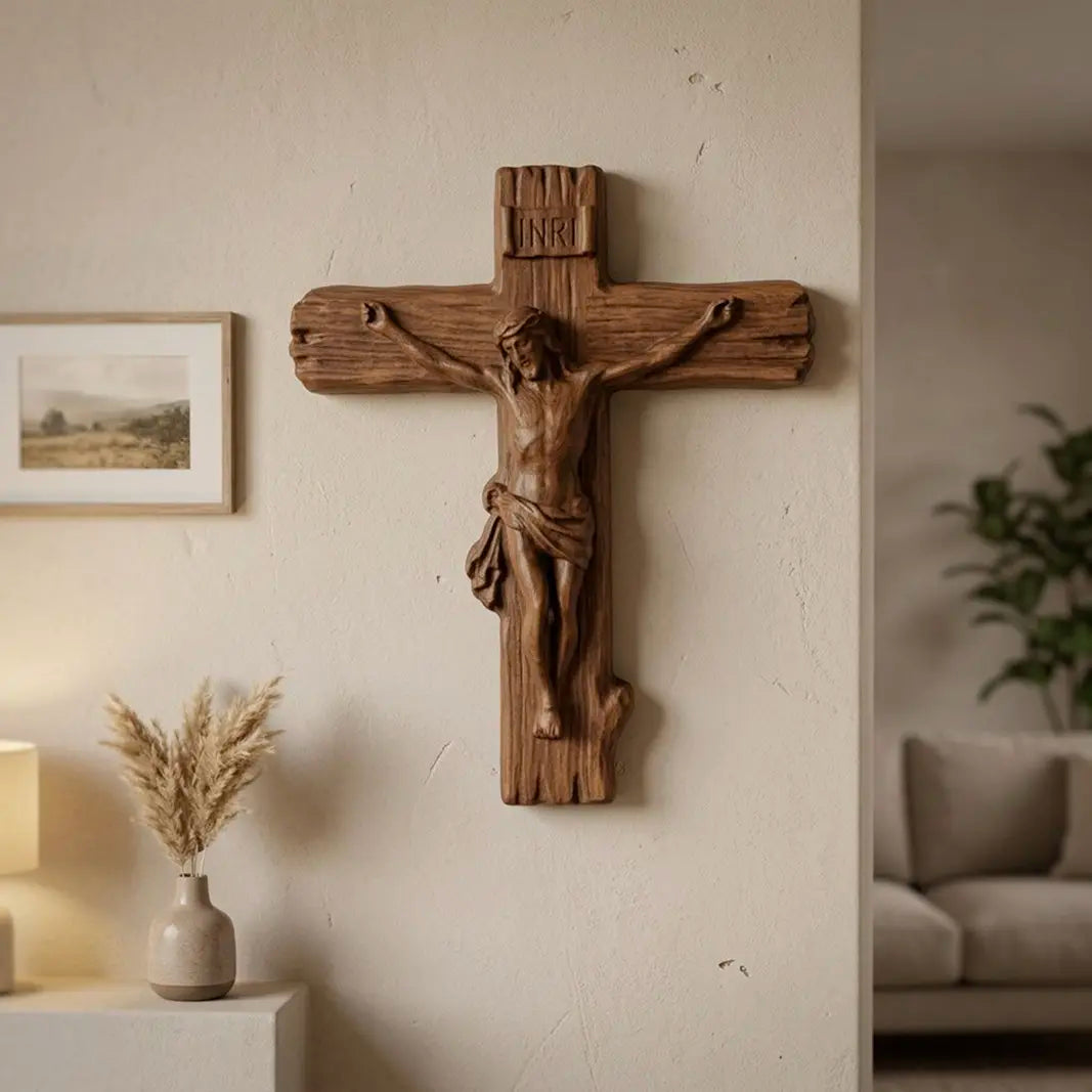 Wood Crucifix Cross 3D STL Model - Rustic Relief File for CNC & 3D Printing