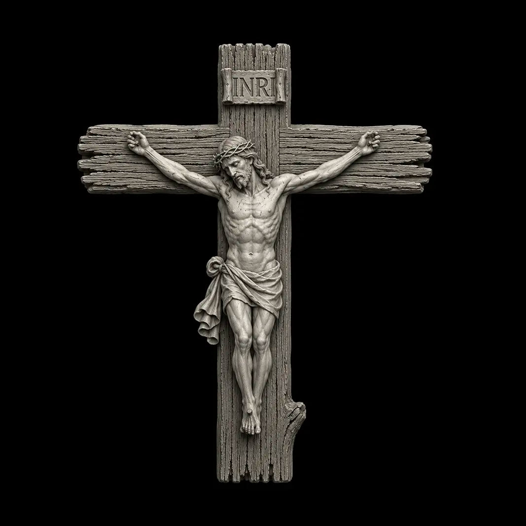 Wood Crucifix Cross 3D STL Model - Rustic Relief File for CNC & 3D Printing