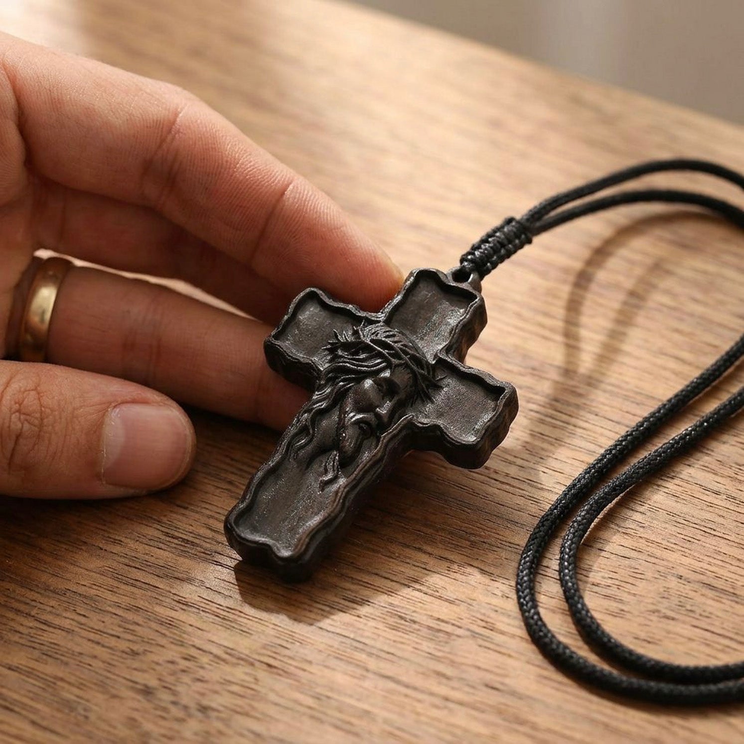 Wooden Crucifix Pendant Necklace – Handmade Reclaimed Ebony Wood Cross