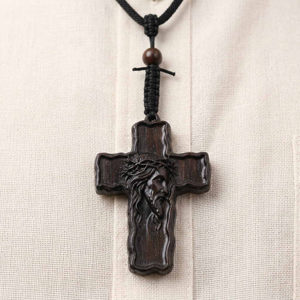 Wooden Crucifix Pendant Necklace – Handmade Reclaimed Ebony Wood Cross