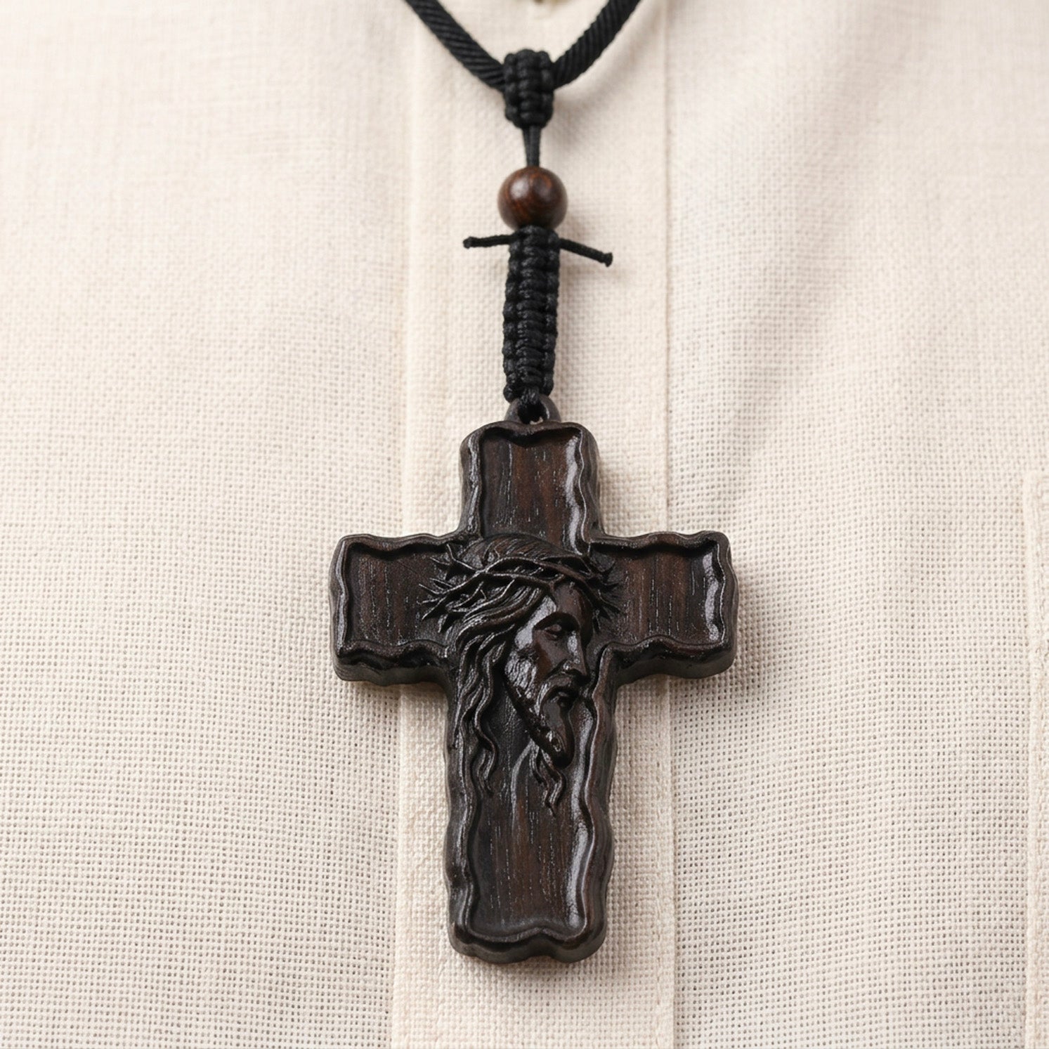 Wooden Crucifix Pendant Necklace – Handmade Reclaimed Ebony Wood Cross