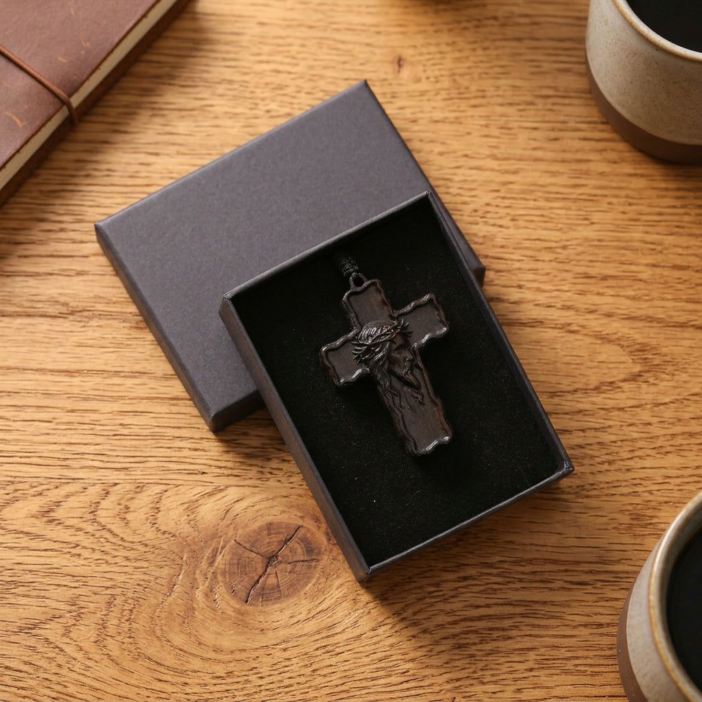 Wooden Crucifix Pendant Necklace – Handmade Reclaimed Ebony Wood Cross