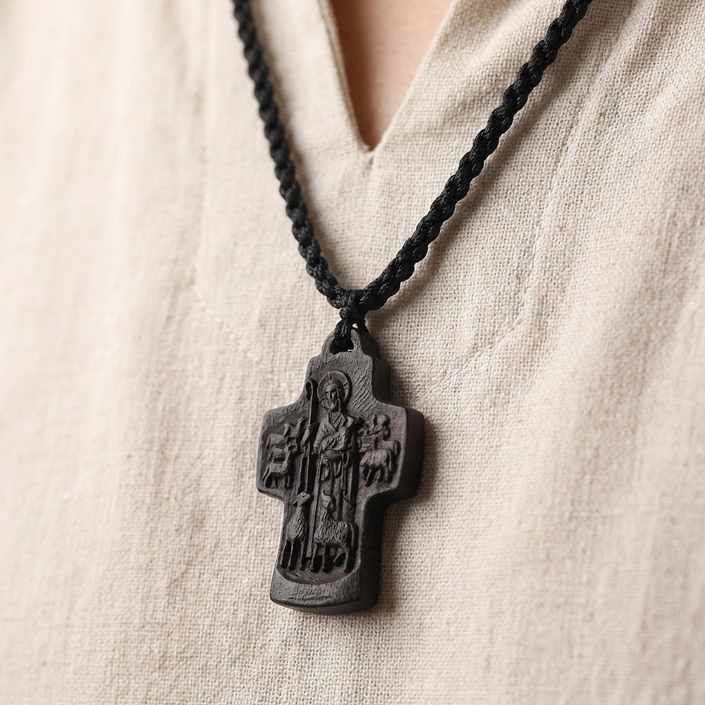 Handcrafted Ebony Wood The Good Shepherd Cross Pendant Necklace