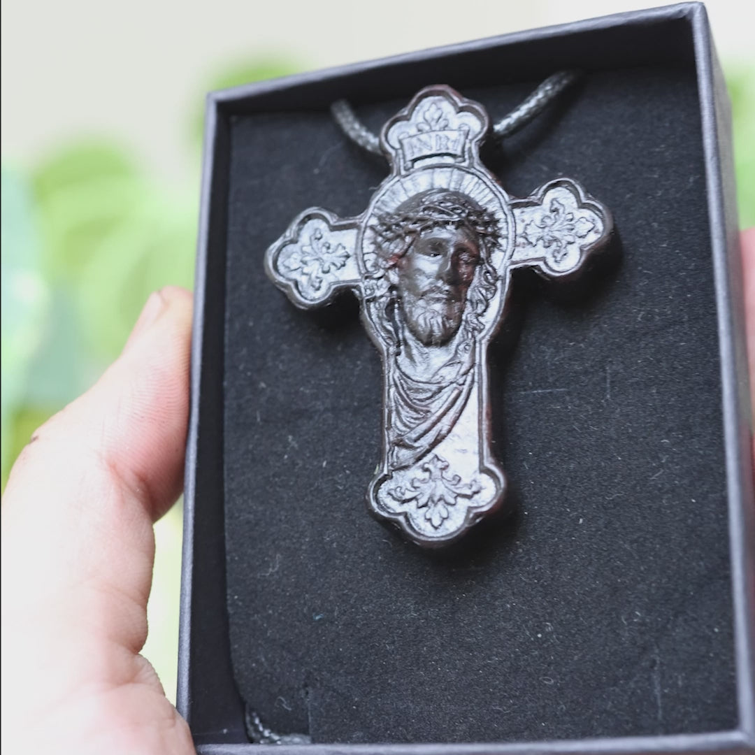 Jesus Face Cross Pendant Necklace – Handcrafted Ebony Wood Crucifix Necklace, Personalized Wooden Cross