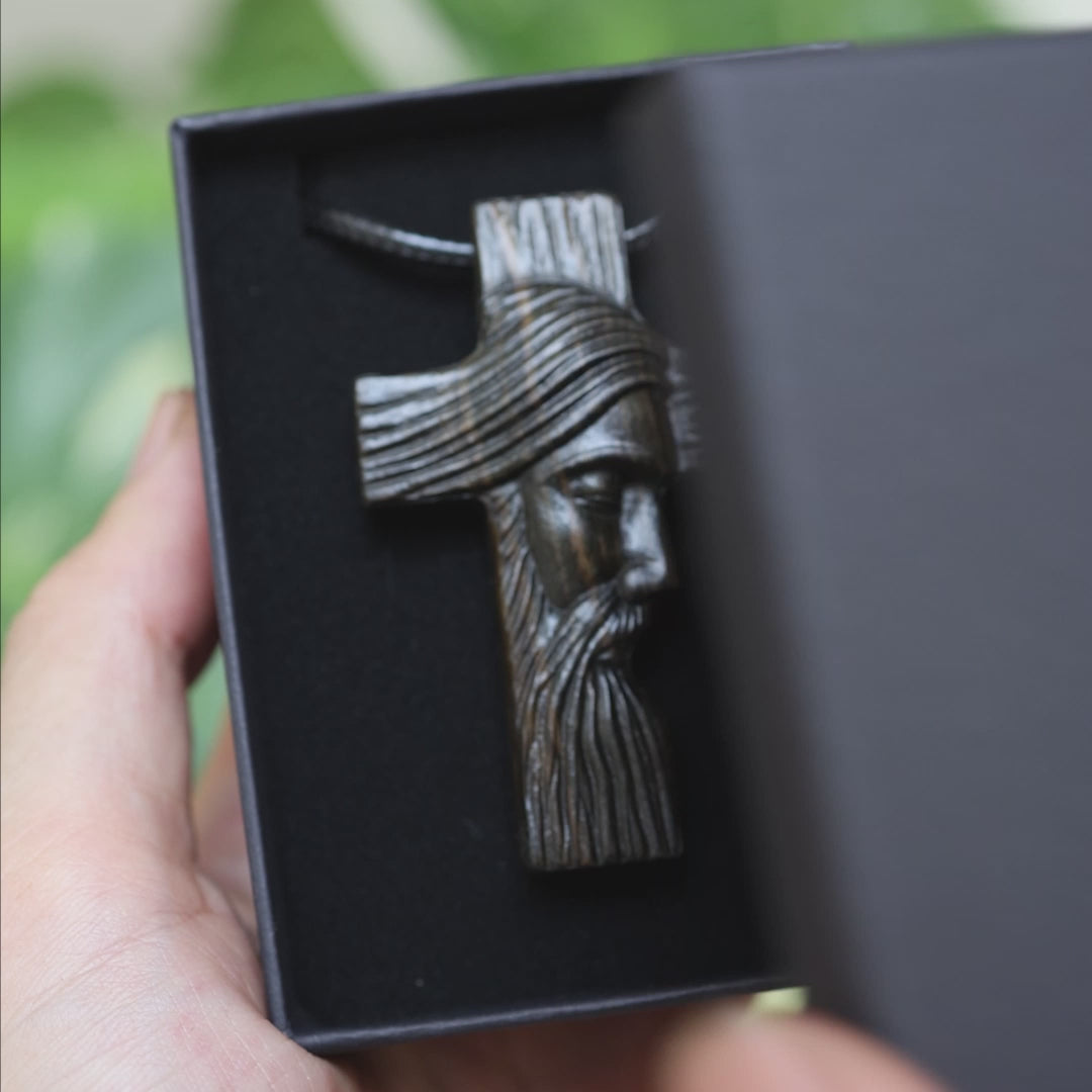 Personalized Jesus Profile Cross Necklace, Handcrafted Reclaimed Ebony Wood Cross Pendant