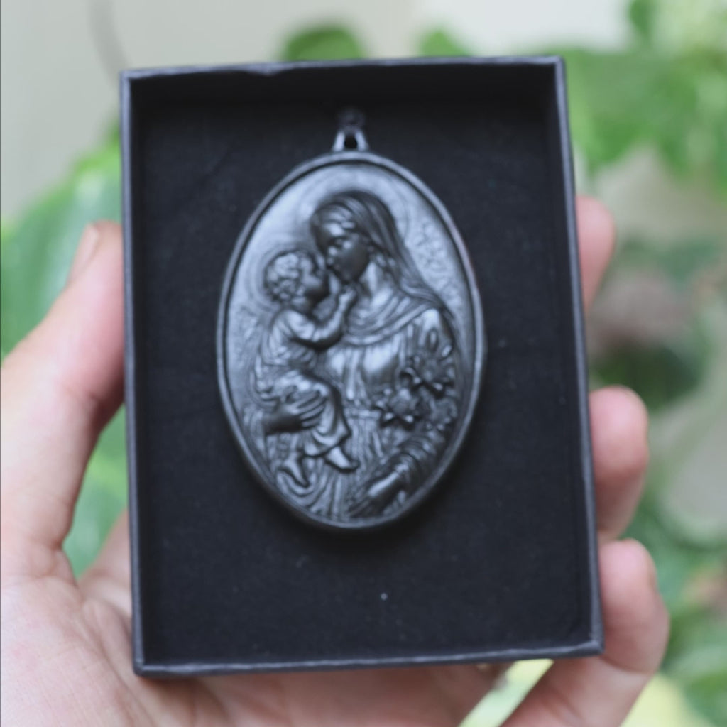 Personalized Virgin Mary and Baby Jesus Pendant Necklace – Handcrafted Ebony Wood Catholic Necklace
