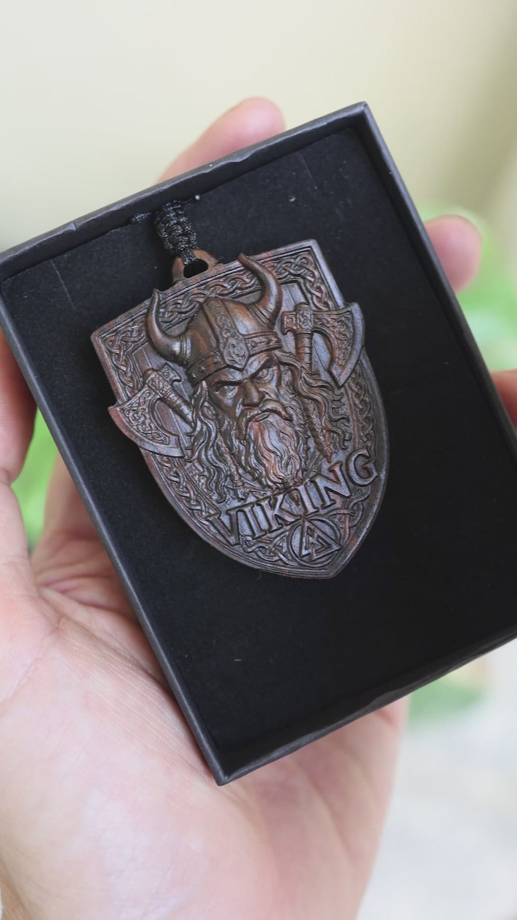 Viking Shield Pendant Necklace – Handcrafted Reclaimed Ebony Wood Norse Warrior Amulet