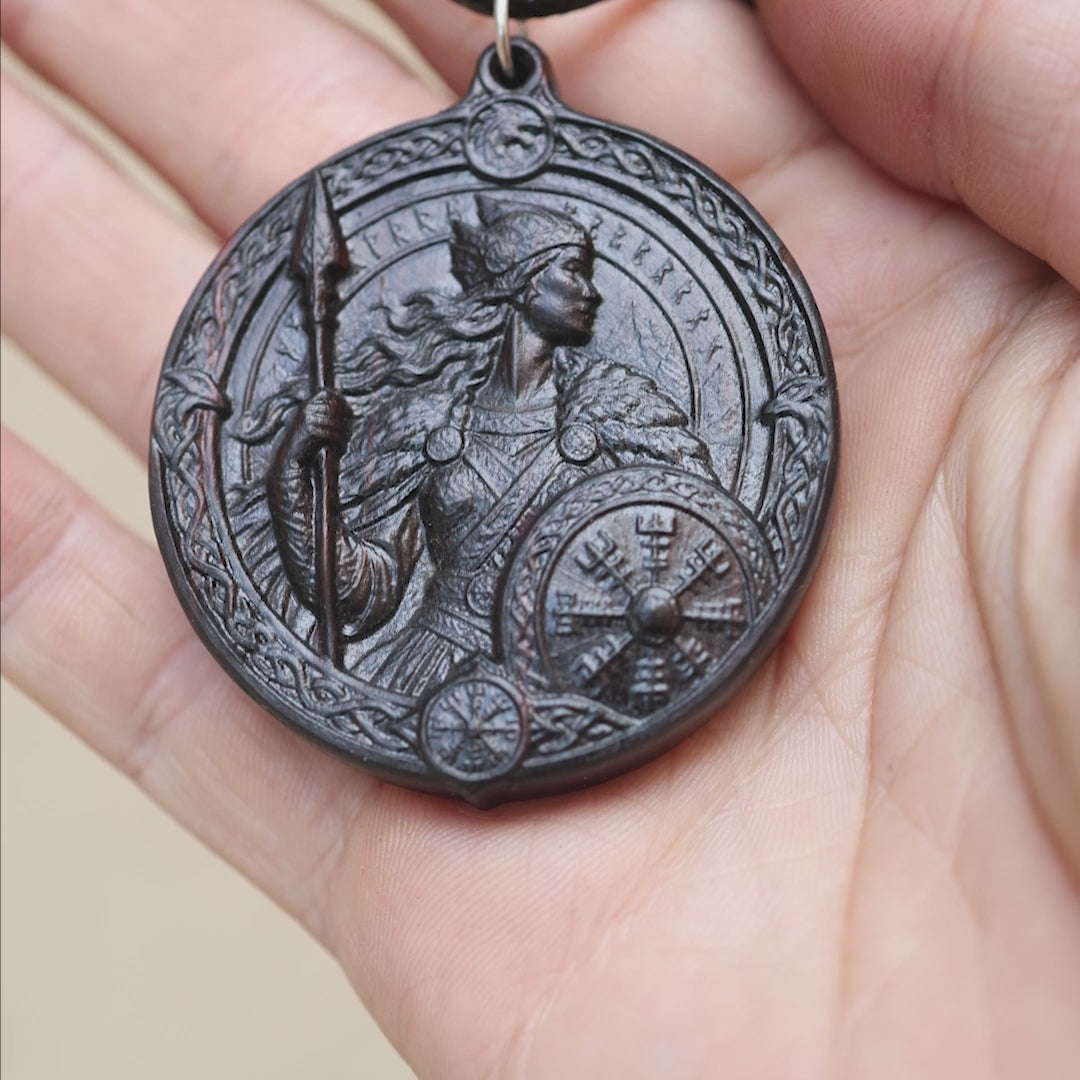 Valkyrie Shieldmaiden Pendant Necklace – Handcrafted Reclaimed Ebony Wood Norse Jewelry
