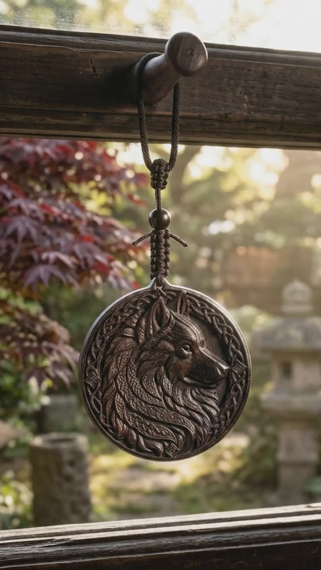 Celtic Wolf Pendant Necklace – Handcrafted Reclaimed Ebony Wood Wolf Totem, Norse Inspired Jewelry