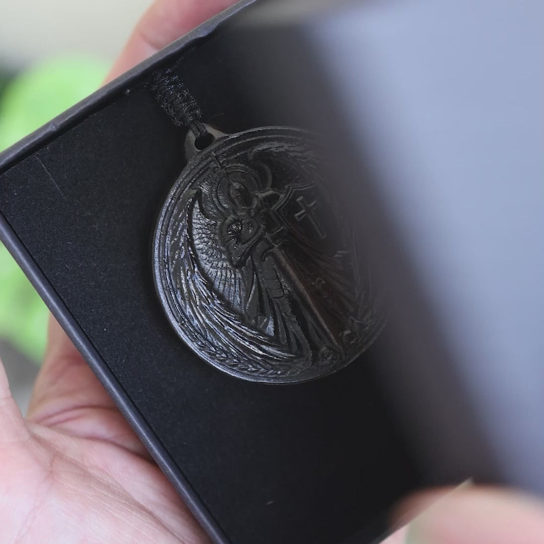 Personalized Archangel Warrior Pendant Necklace, Handcrafted Reclaimed Ebony Wood