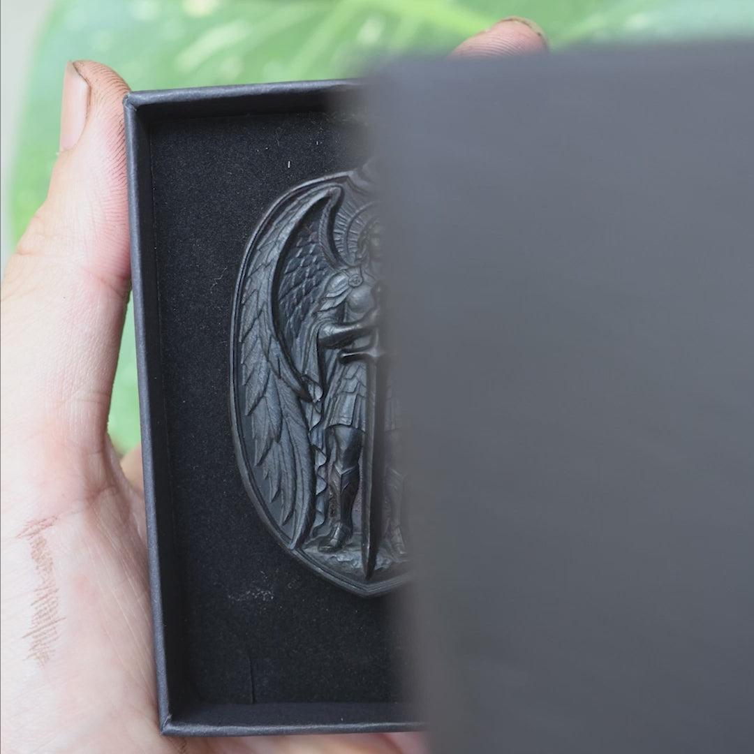 Personalized Saint Michael Oval Medallion Necklace – Handcrafted Ebony Wood Archangel Michael Pendant