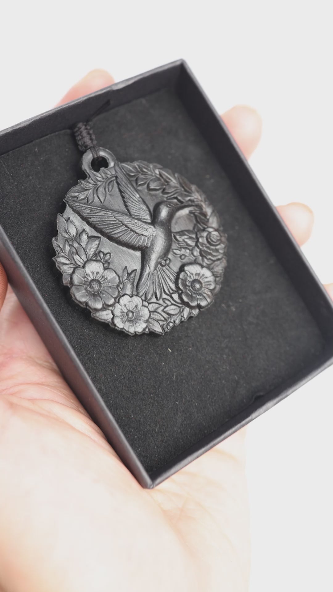 Hummingbird with Flowers Necklace – Handcrafted Reclaimed Ebony Wood Pendant