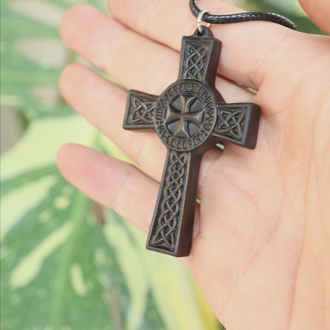 Knights Templar Celtic Cross Necklace - Handmade Reclaimed Ebony Wood Pendant