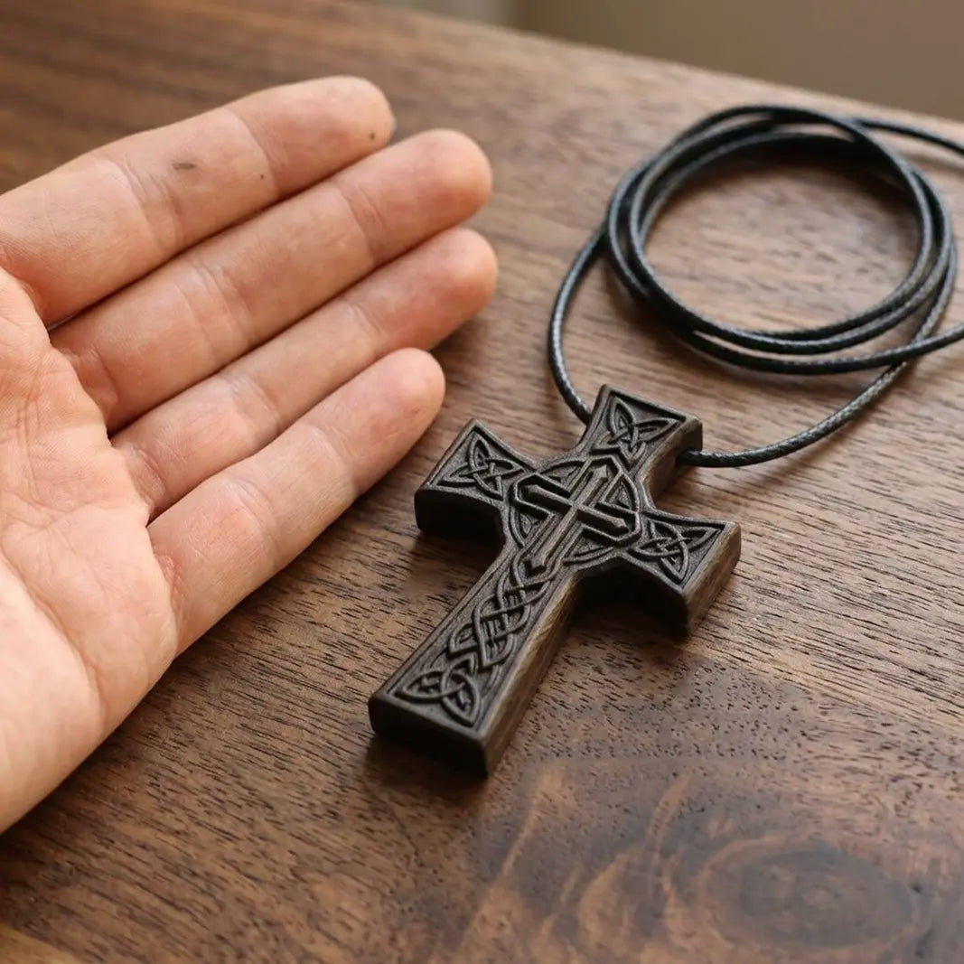 Celtic Knot Crucifix Necklace Pendant – Handmade Ebony Wood Cross, Personalized Christian Gift