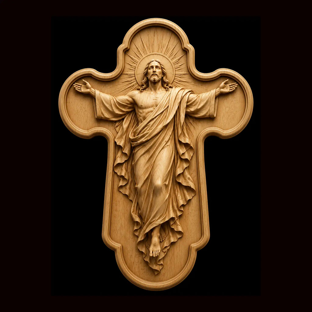 Resurrection of Jesus Cross 3D STL Model - Risen Christ Relief File for CNC & 3D Printing